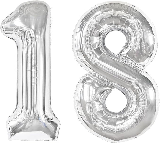 Silver Number 18 Balloon 40 inch, 18 Number Balloons, 18th Silver Birthday Decorations for Girls Boys Kids, 18 Year Old Silver Party Supplies