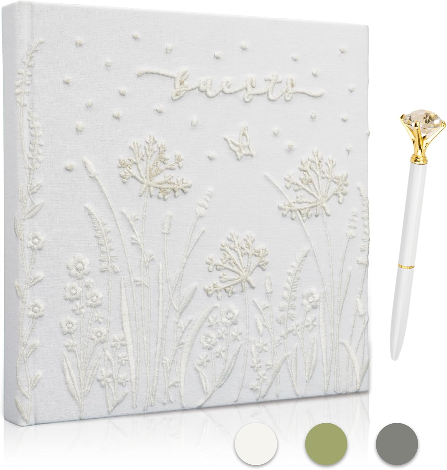 Embroidered Wedding Guest Book—The Perfect Polaroid Guest Book for Wedding Receptions， Birthdays, Baby Showers, and Special Events with 3 Photo Corner Stickers+ 3 DIY pens+1 Diamond Pen(Cream)