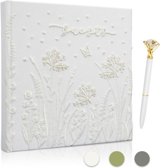 Embroidered Wedding Guest Book—The Perfect Polaroid Guest Book for Wedding Receptions， Birthdays, Baby Showers, and Special Events with 3 Photo Corner Stickers+ 3 DIY pens+1 Diamond Pen(Cream)