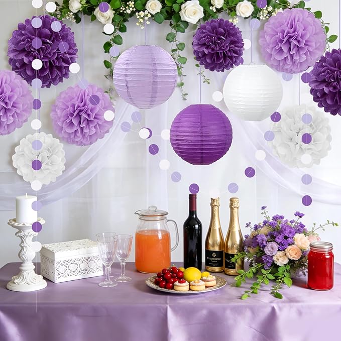 14 Pcs Purple Birthday Decorations for Women - Lavender & Lilac Tissue Pom Poms, Lanterns & Polka Dot Garland for Girls Party, Graduation, Baby Shower, Princess Theme & Bridal