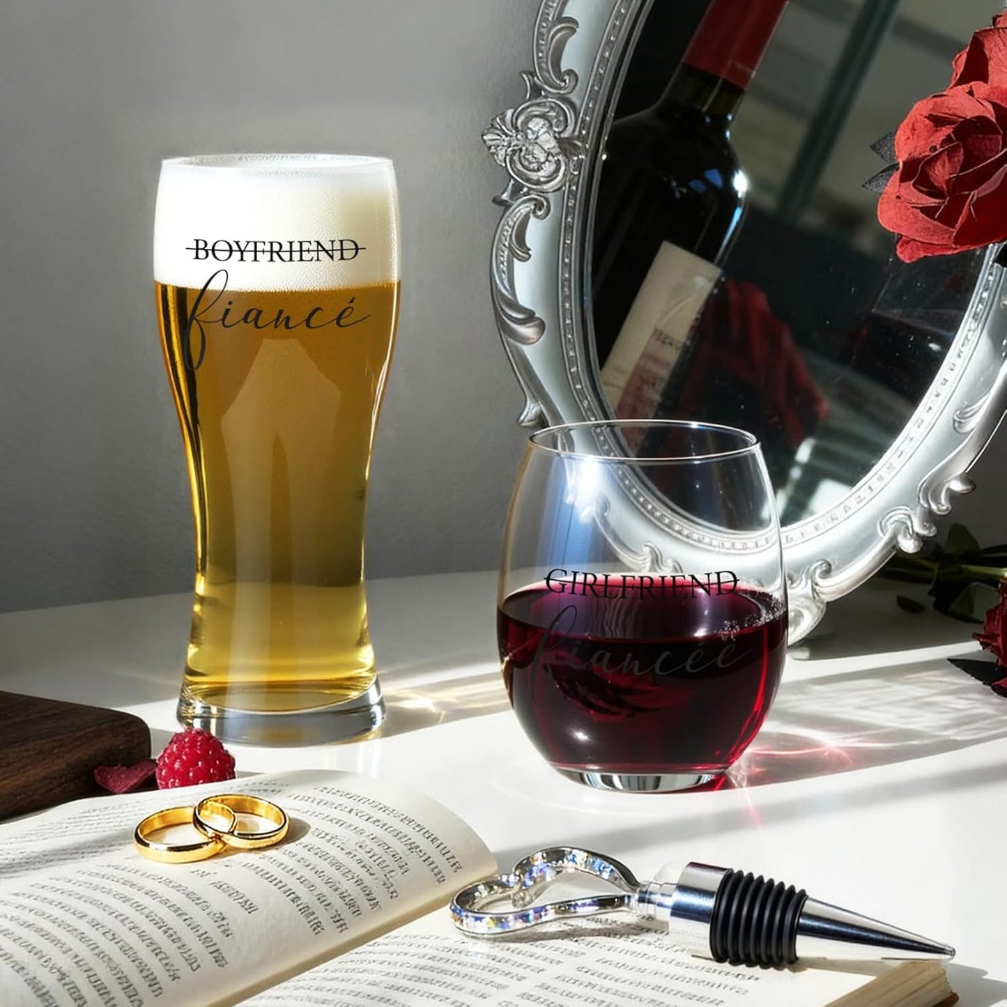 AW BRIDAL Engagement Gifts for Couples and Women, Fiance Wine Glasses and Beer Mug Set for Her, Newly Wed Gift for the Couple 2025, Mr and Mrs Wedding Beer Mug with Wine Stopper for Bride to Be
