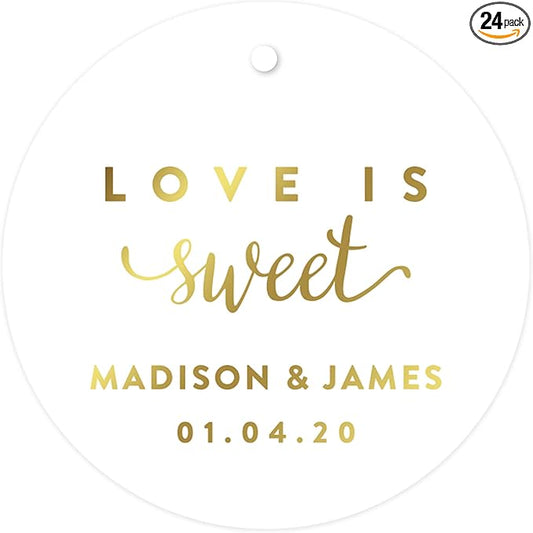 Andaz Press Personalized Round Circle Wedding Gift Tags, Metallic Gold Ink, Love is Sweet, 24-Pack, Custom Made Any Name