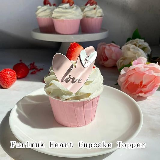 24 Pcs Love Heart Acrylic Cupcake Topper Cake Decoration Disc Mirror Acrylic Cake Topper Engraved Personalized Cake Topper for Valentine's Day Wedding Mother's Day (24, Gold Silver Rose)