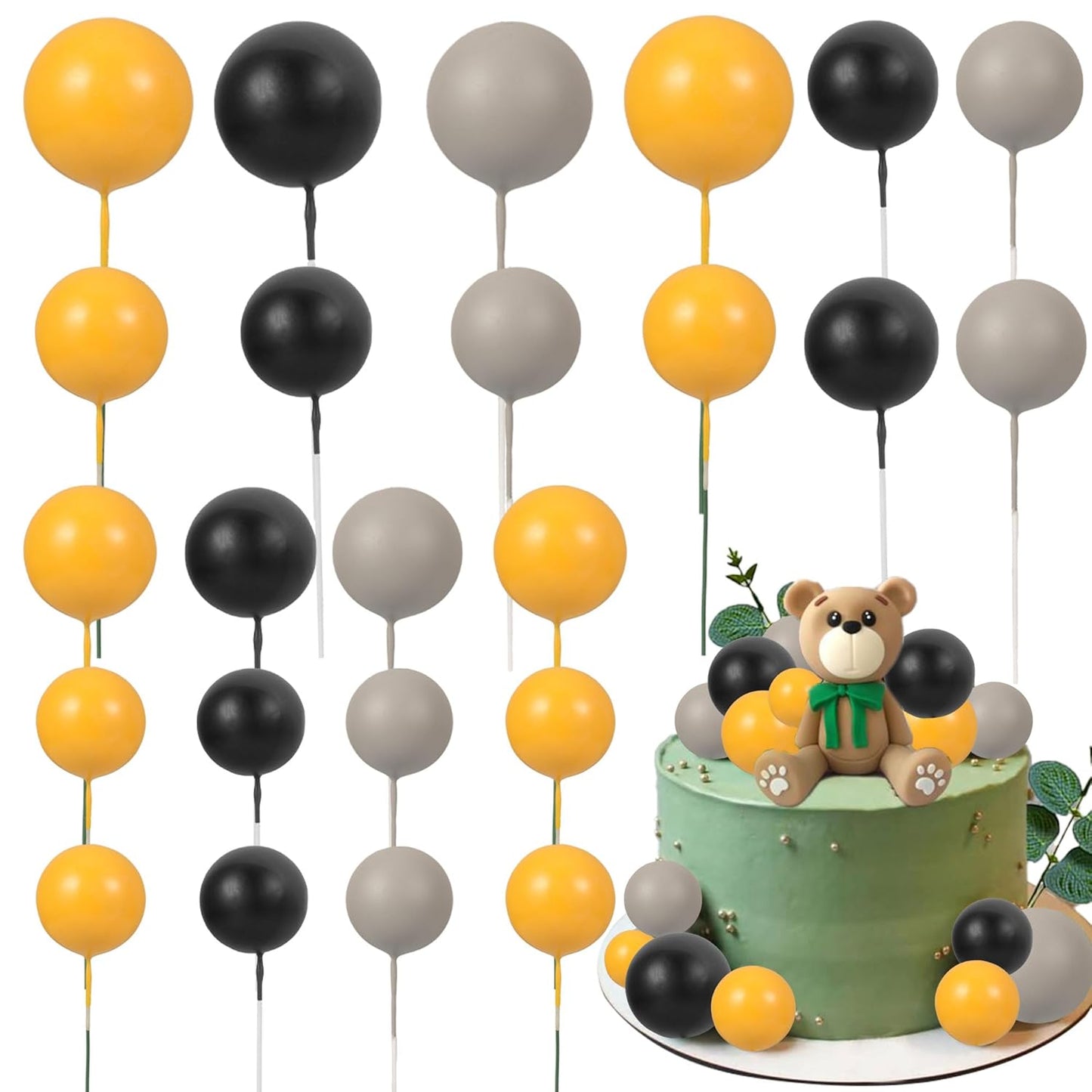 Gyufise 30Pcs Ball Cake Topper Mini Balloon Cupcake Toppers DIY Foam Ball Cake Insert Decoration for Wedding Anniversary Baby Shower Birthday Party Decorations Supplies Orange Dark Grey Black