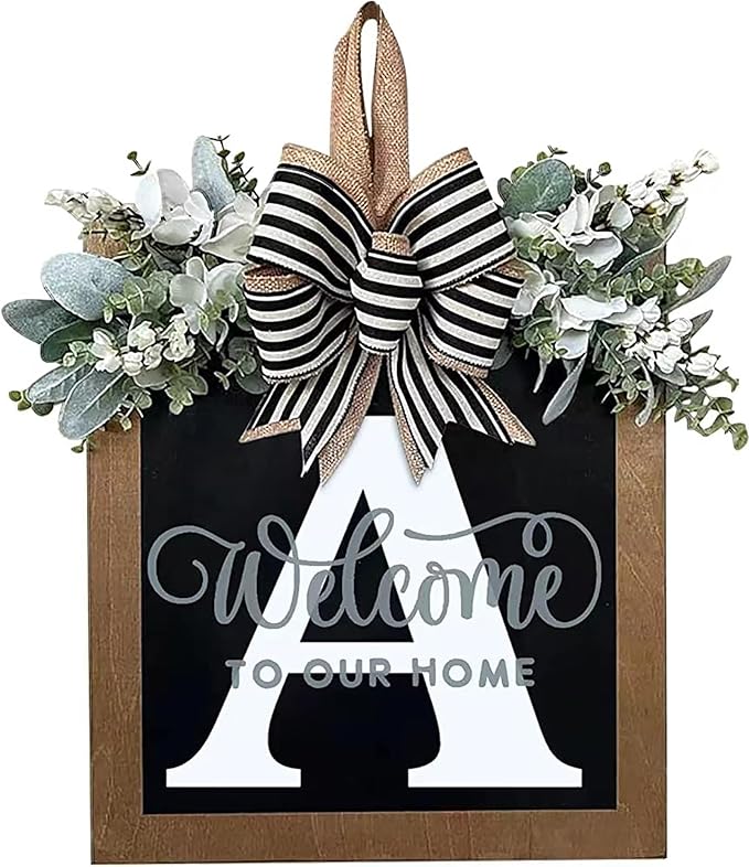 Last Name Year Round Front Door Wreath Front Porch Decoration 26 Letter Welcome Sign with Eucalyptus Garland and Bow Spring Wreaths for Front Door Outside Hanger Garland（A）