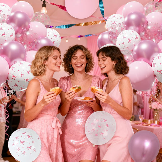 Patimate Pink Bow Balloons Set, 50 pcs 12 inch Metallic Pastel Pink White Transparent Bow Print Balloons Kit for Coquette Birthday Baby Shower for Girls Women Wedding Bridal Shower Party Decorations
