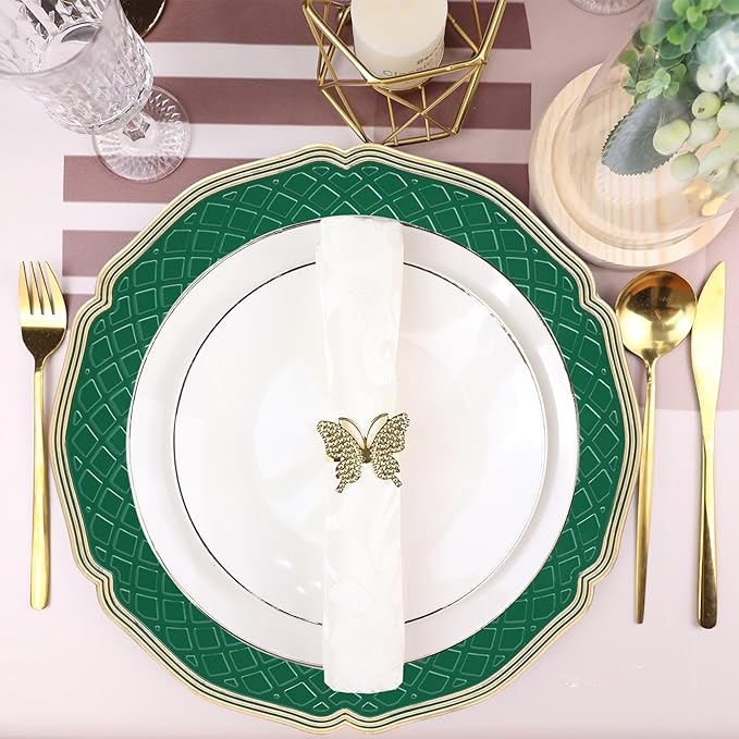 Green Scallop Charger Plates, Set of 6 Plastic Wedding Bulk Plate Charges for Dinner Plates, Table Decoration, Holiday, Thanksgiving, Christmas.