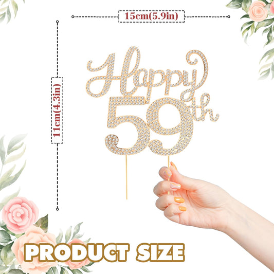Happy 59th Birthday Decorations,59th Birthday Gold Rhinestone Cake Topper - Cheers to 59 Years Old Bday Party Metal Sparkly Cake Centerpieces Sign.