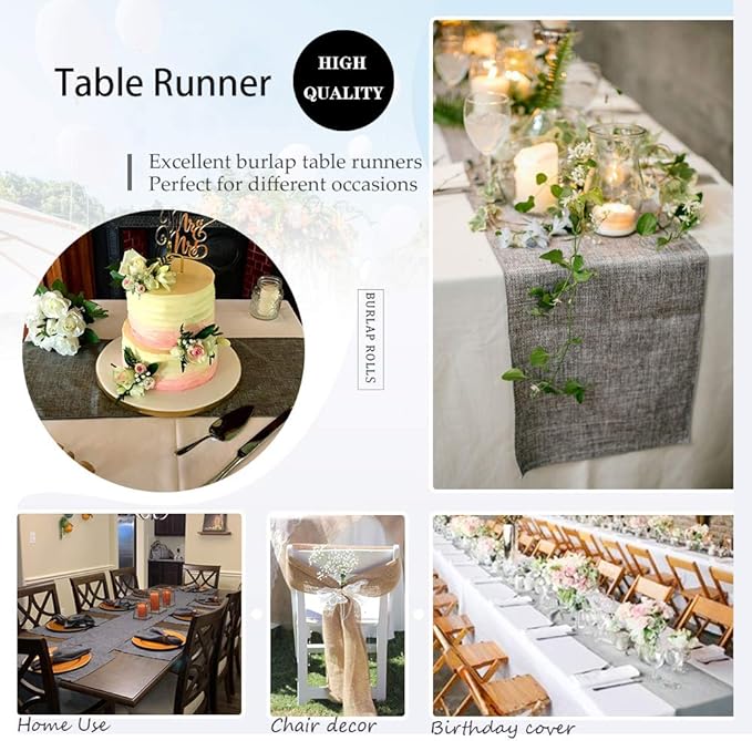 B-COOL Burlap Table Runner Gray Wedding Table Runners Roll Jute Fabric for Boho Crafts Holiday Farmhouse Dining Room Decor 2 Packs 13x108 Inch