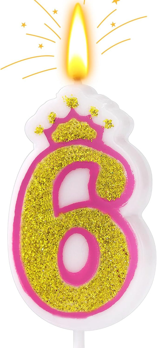 Birthday Number Candles, Number 6 Pink Giltter Candles for Cake, Candle Cake Topper with Sequins for Anniversary Celebrations Supplies (Number 6)