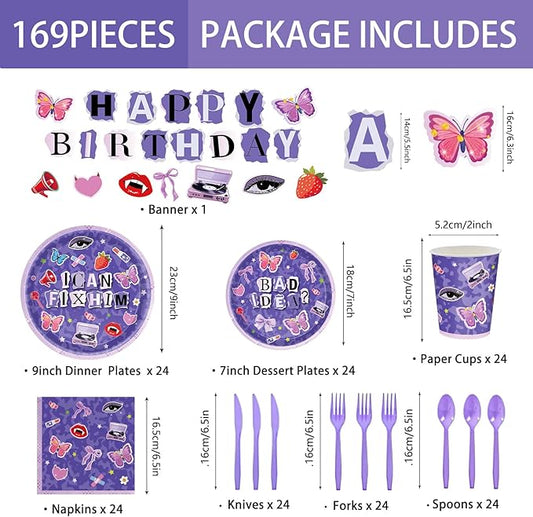 169Pcs Purple Music Birthday Decorations Pop Star Party Decorations Purple Birthday Plates Napkins Cups Banner Cutlery, Purple Party Supplies, Serves 24