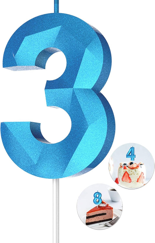 Number Birthday Candles(3 Candle Blue) 3D Diamond Shape Number Happy Birthday Cake Candles for Birthday Party Wedding Decoration Reunions Theme Party