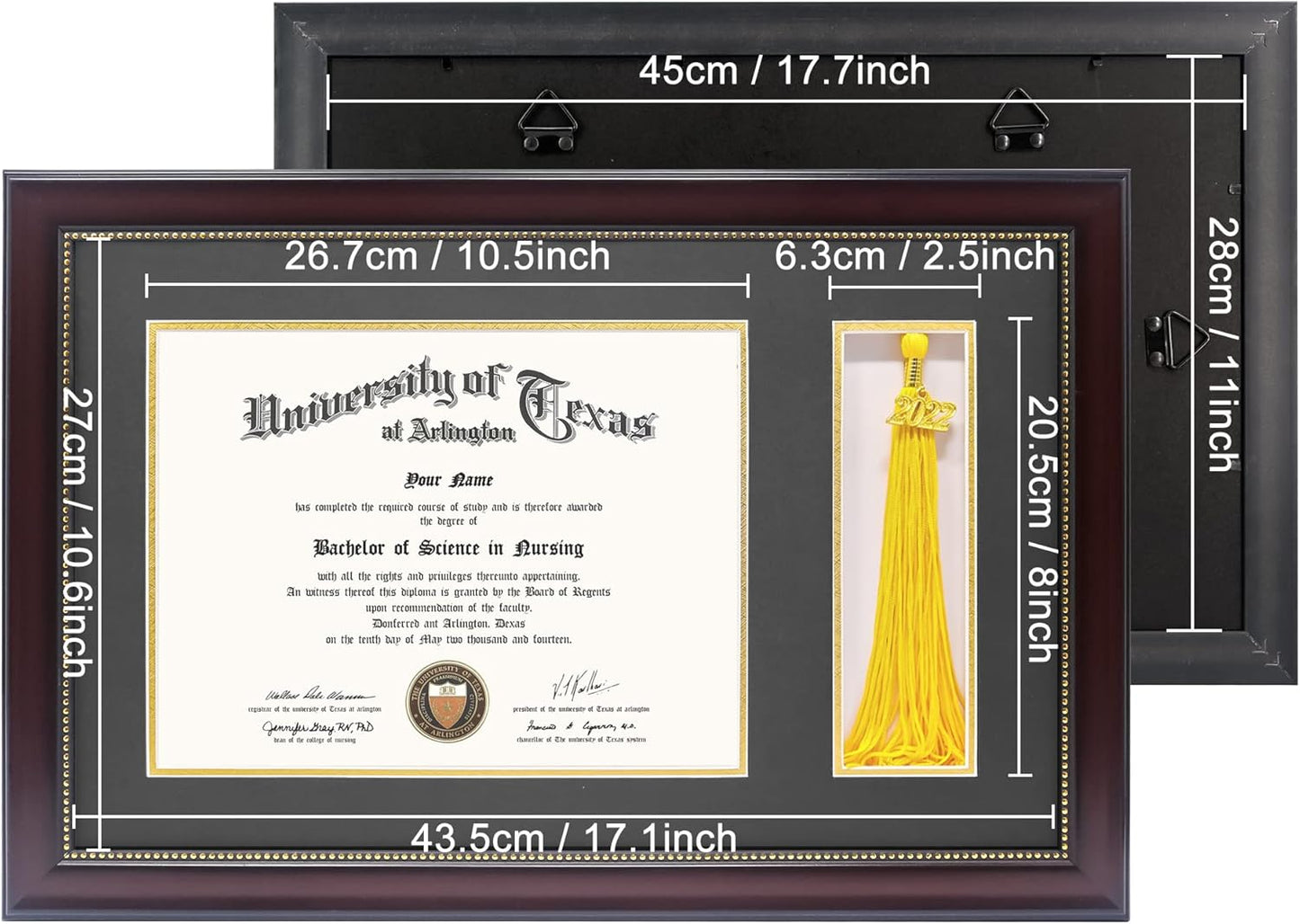 GraduationMall 11x17 Mahogany Diploma Frame with Tassel Holder for 8.5x11 Certificate Document,Real Glass, Black over Gold Mat