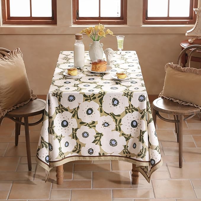 Designer Vintage Rectangular Tablecloth,Linen French Tablecloth with White Floral Pattern,Decorative Table Cover for Kitchen,Dining,Thanksgiving,Tea Party,63" × 87"-Hidaka