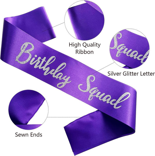Birthday Squad Sash, 6 Pieces Purple with Silver Glitter Letter Birthday Gift Sashes Set for Women Funny Party Favors Decorations for 16th 18th 21st 25th 30th 40th 50th or Other Bday