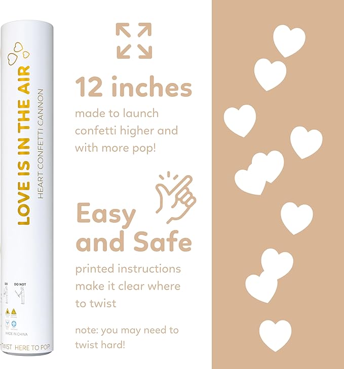 White Biodegradable Heart Confetti Poppers Confetti Cannon | 6 Pack | Party Poppers Decoration for Valentine's Day, Wedding, Bridal Shower | Wedding Supplies Party Favors | 12 in | TUR Party Supplies