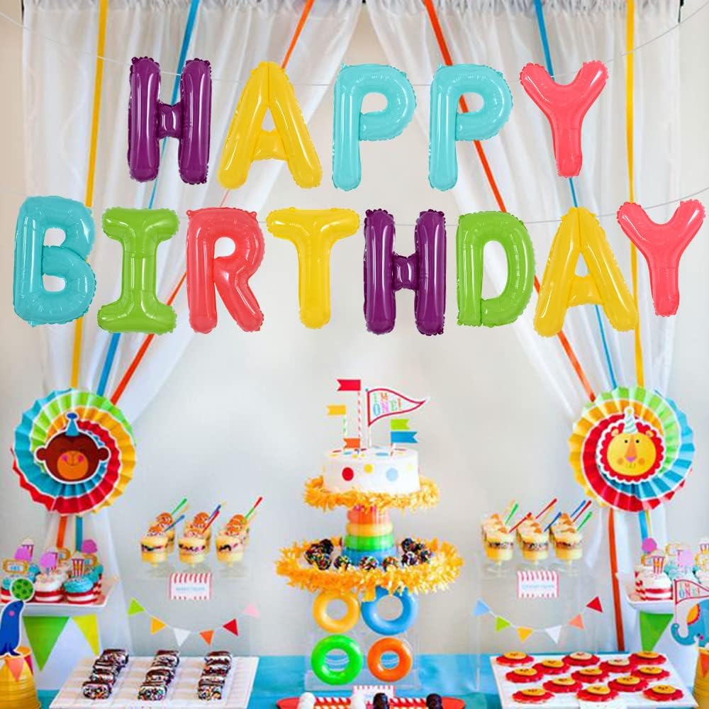 TONIFUL Coloful Macaron Rainbow Happy Birthday Balloons Banner with Ribbon Straw, 16 Inch Mylar Foil Letters Birthday Sign Bunting Reusable for Girls Boys Kids & Adults Birthday
