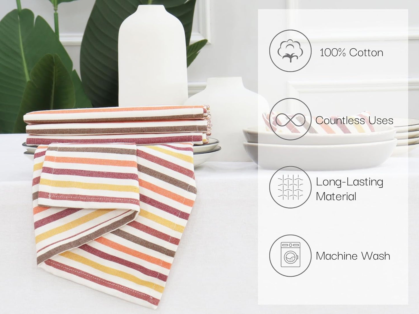 PurpleEssences Plain Striped Cloth Napkins - Set of 12-100% Cotton - 18 x 18 Inch - Fall Thanksgiving - Perfect Everyday Use Dinner Napkin - Fall