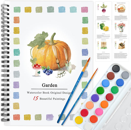 SLWBZ Watercolor Workbooks Coloring Book, Beginner Friendly Painting Kit, Easy Exquisite with Detailed Steps, Creative Exploration Watercolor Book with Paint Set for Adults Teens (Garden, with Paint)