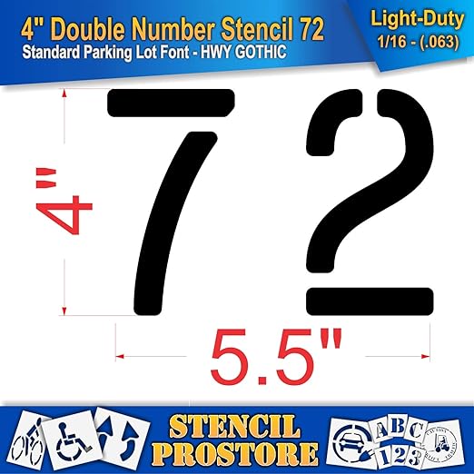 Pavement, Curb, and WheelStop Stencils - 4 inch Double Number Stencil - (72) - 4" x 5.5" x 1/16" (63 mil) - Light-Duty