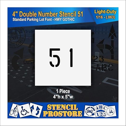 Pavement, Curb, and WheelStop Stencils - 4 inch Double Number Stencil - (51) - 4" x 4" x 1/16" (63 mil) - Light-Duty