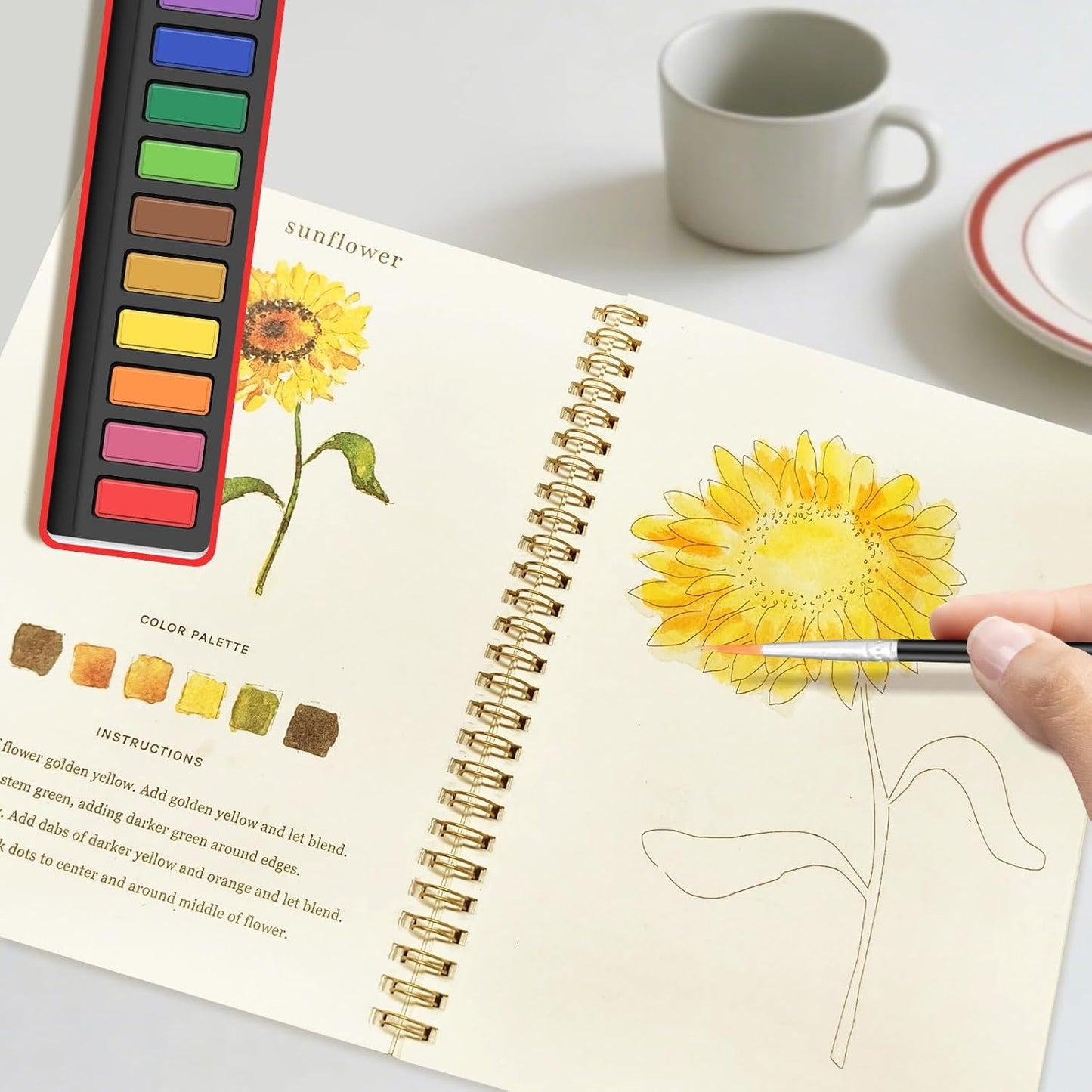 Watercolor Workbook, Water Coloring Book,Watercolor Paint Set, Beginner-Friendly Watercolor Workbooks, with 12 Colors Watercolor Paint Set with Paint Brush - Christmas Gift（Flower B）