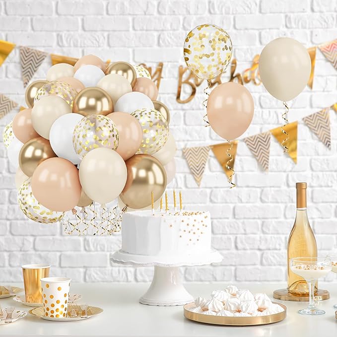 Zesliwy Gold White Sand Confetti Balloons, 50pcs 12 inch Beige Gold Nude Neutral Balloons for Birthday Wedding Bride Shower Party Decoration