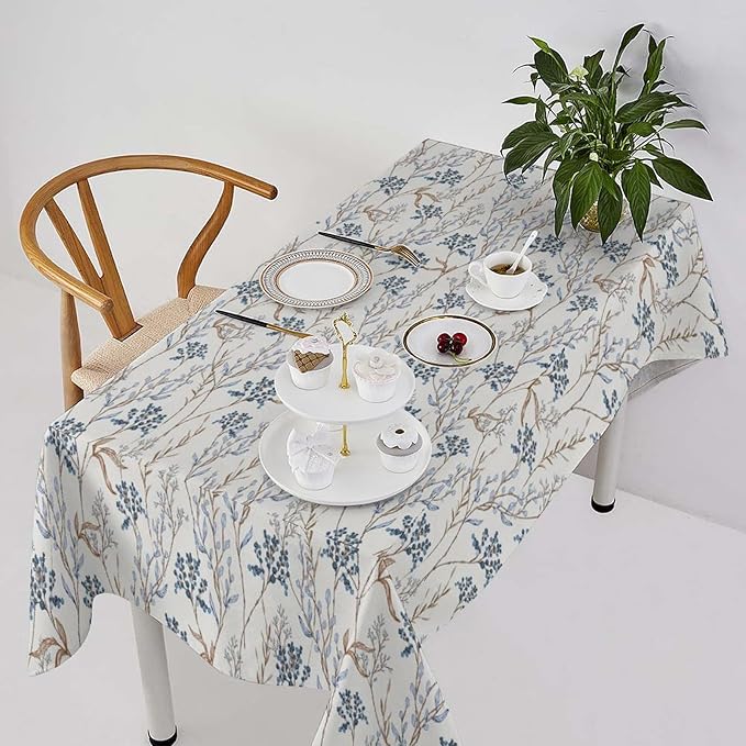 Abstract Geometry Leaf Tablecloth, Thanksgiving Autumn Harvest Fall Watercolor Blue Yellow Leaves Table Cover for Party Picnic Dinner Decor 60x90 Inch Rectangle