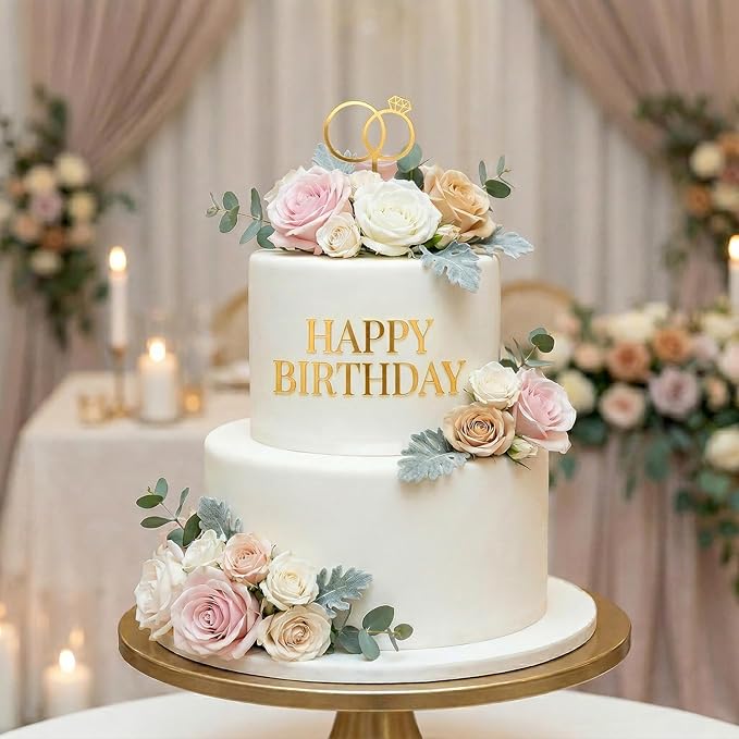 27PCS Wedding Cake Topper, Diamond Ring Cakes Topper, Acrylic Cake Letters A-Z, Personalized Bride and Groom Initial Sign Anniversary Baby Shower Party Birthday Supplies (Gold)