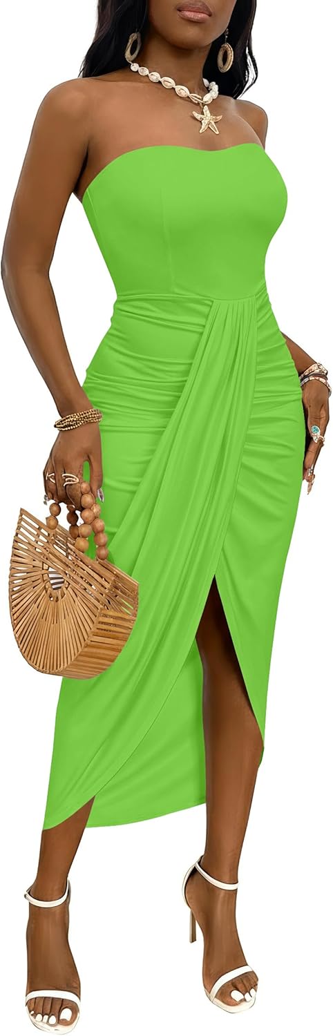 Umenlele Women's Strapless Ruched High Waist Wrap Split Asymmetrical Beach Maxi Long Dress