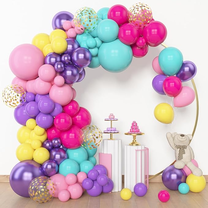 Amandir 153pcs Purple Blue Pink Balloon Garland Arch Kit, Different Sizes 18 12 10 5 inch Teal Yellow Latex Metallic Confetti Balloons for Magic Birthday Engagement Party Decoration