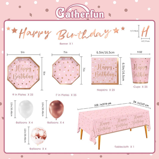 Rose Gold Birthday Party Supplies - Disposable Paper Plates, Napkins, Cups, Tablecloth & Banner for Girl/Women Celebration, Serves 25 - Decorate with Our Rose Gold Plates and Napkins Set