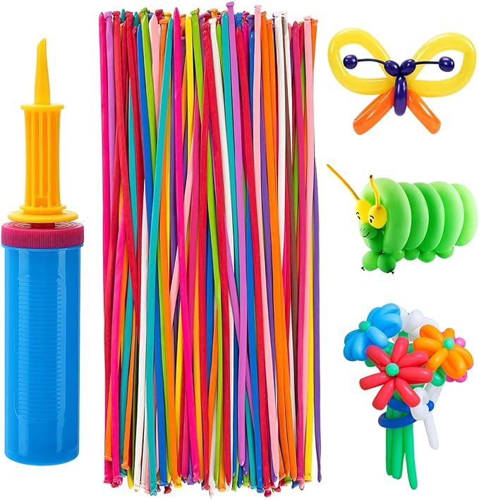 100 Pcs 260Q Balloons Kit with Pump - Kids Premium Latex Twisting Long Balloons to Make Animals Flowers, Fun Rainbow Balloons for Party Boys Girls Christmas Birthday Gifts Clowns Wedding Decor