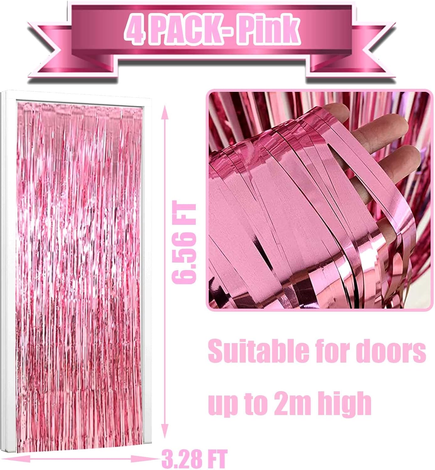 4 Pack Pink Foil Fringe Curtain Backdrop, 3.28Ft x 6.56Ft Metallic Tinsel Foil Fringe Streamers Curtains for Party, Photo Booth Props, Birthday, 2022 Graduation Decoration Supplies