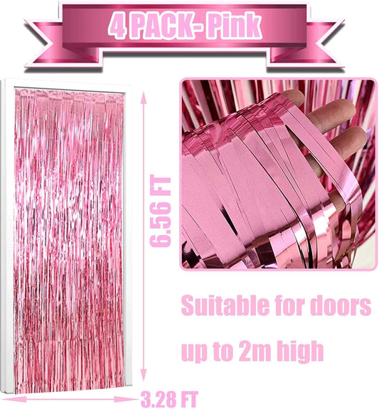 4 Pack Pink Foil Fringe Curtain Backdrop, 3.28Ft x 6.56Ft Metallic Tinsel Foil Fringe Streamers Curtains for Party, Photo Booth Props, Birthday, 2022 Graduation Decoration Supplies