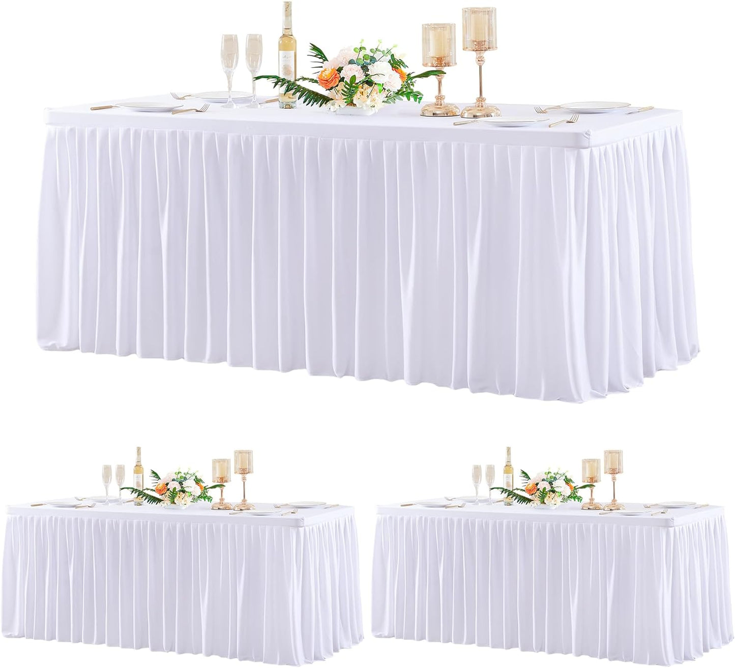 3 Pack White Polyester Table Clothes for 8 Foot Rectangle Tables, Wrinkle Free Fitted Table Cover with Pleated Ruffle Table Skirt for Birthday Party Wedding Trade Show Event Display