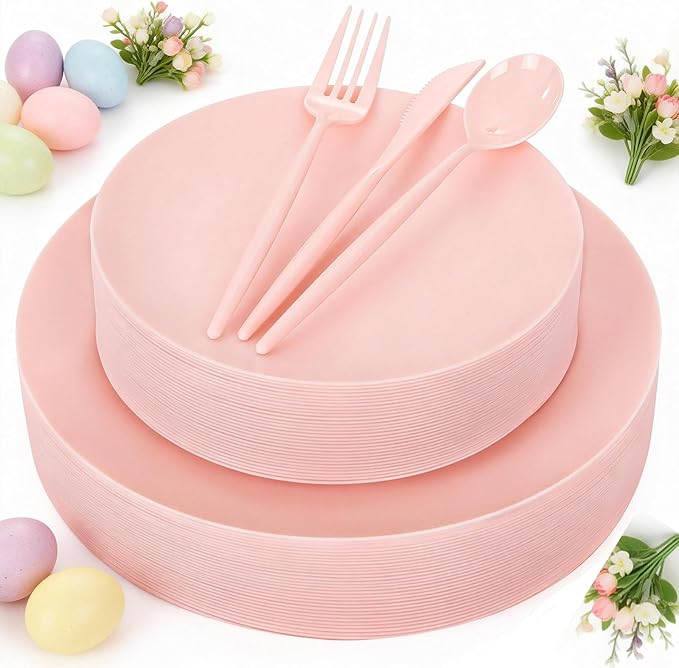 EI 150pcs Pink Plastic Plates Pink Disposable Heavy Duty Plastic Plates for Party Dinnerware Set Pink Plastic Silverware for Party Wedding Afternoon Tea,Spring,Mother's Day,Valentine's Day,Easter