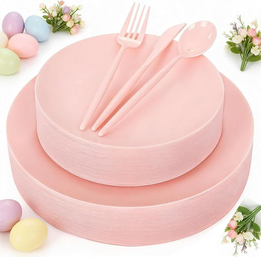 EI 150pcs Pink Plastic Plates Pink Disposable Heavy Duty Plastic Plates for Party Dinnerware Set Pink Plastic Silverware for Party Wedding Afternoon Tea,Spring,Mother's Day,Valentine's Day,Easter