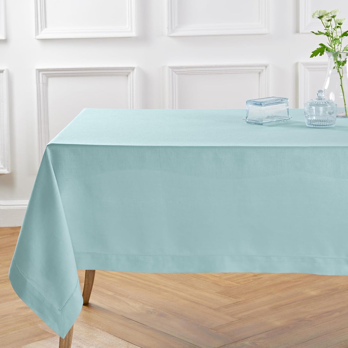 Solino Home Linen Tablecloth for Rectangle Tables 60 x 108 Inch - Classic Hemstitch 100% Pure Linen Aqua Blue Table Cloth - Machine Washable Cloth Tablecloth for Christmas, Holiday