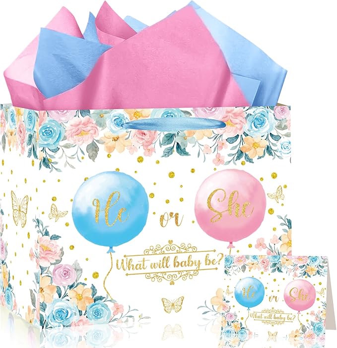 Gender Reveal Gift Bag Blue Pink Boy or Girl Paper Bag with Wrapping Paper Card What Will Baby Be Party Decoration Ballon Treat Candy Bag for Baby Shower Gender Reveal Birthday Party Supplies