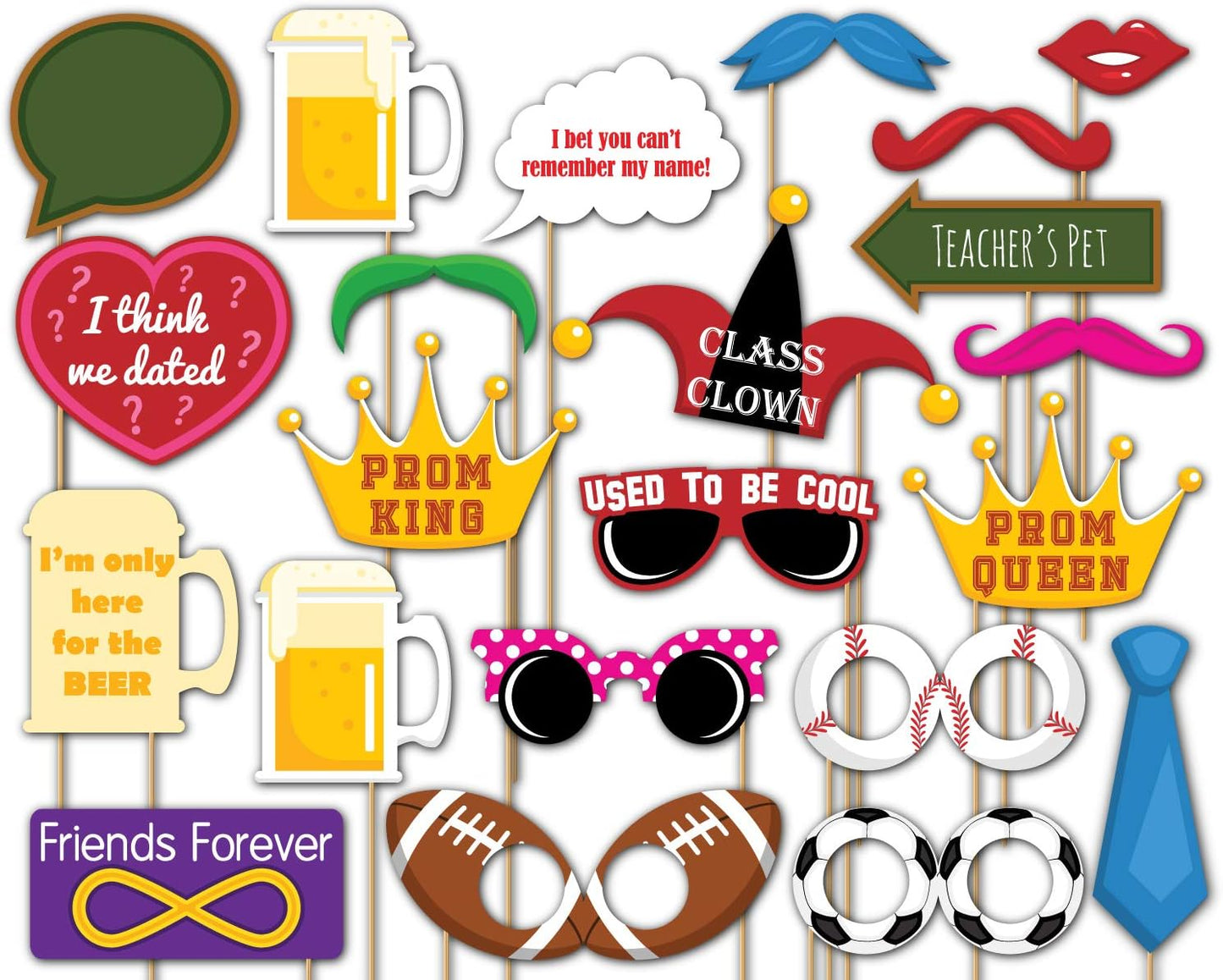Class Reunion Photo Booth Props Kit - 20 Pack Party Camera Props Fully Assembled