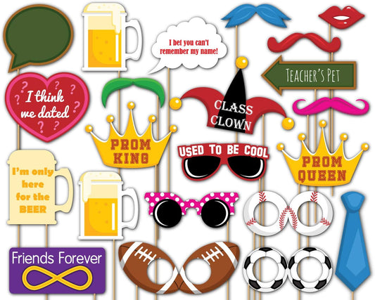Class Reunion Photo Booth Props Kit - 20 Pack Party Camera Props Fully Assembled