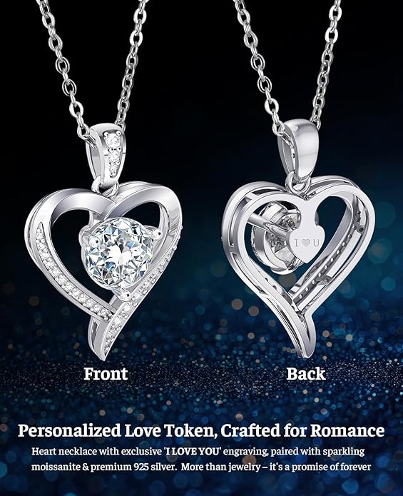 Valentines Day Gifts for Her - Heart Pendent Necklaces for Women, 1-3ct Moissanite Necklace with I love U Engraving - Anniversary Birthday Gifts for Wife, Girlfriend, Mother, 925 Silver Jewelry