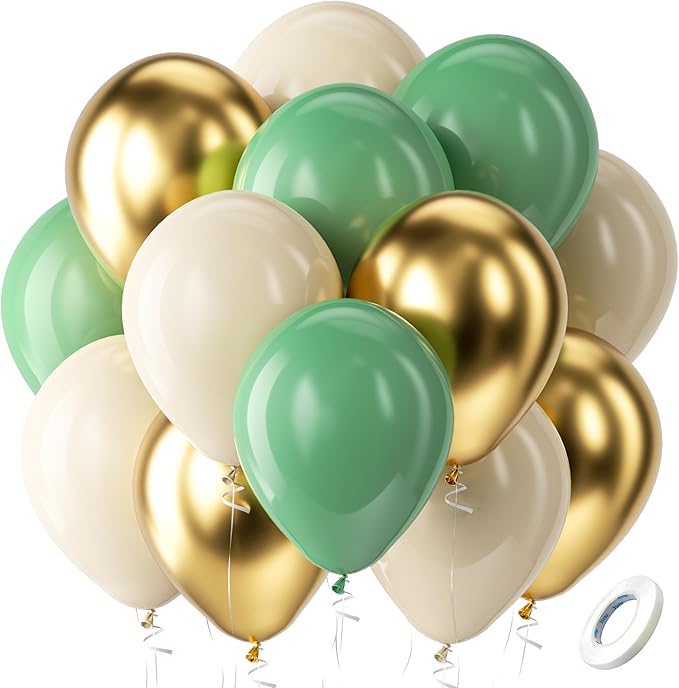 Bezente Sage Green Gold White Balloons Kit - 60pcs 12 inch Sage Green Sand White Latex Balloons Metallic Gold Helium Balloons for Birthday Engagement Wedding Baby Shower Party Event Decorations