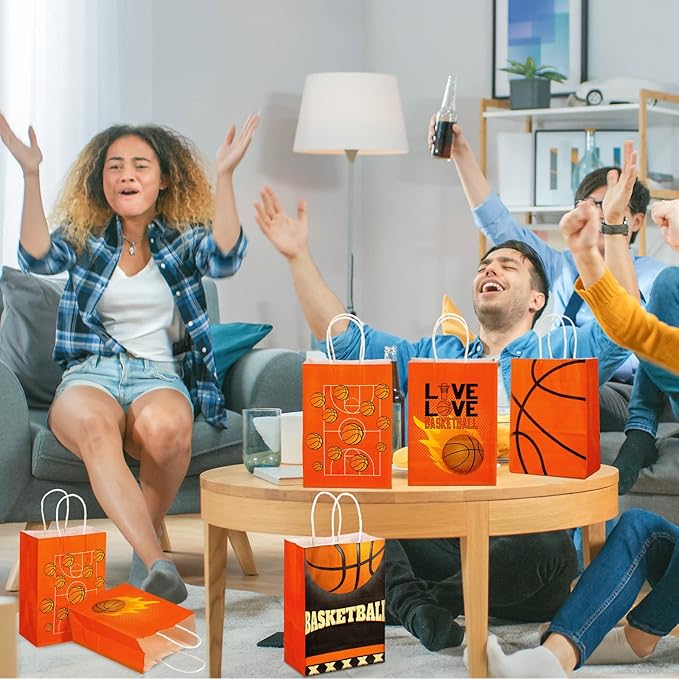 Outus 24 Pcs Basketball Gift Bags Basketball Party Favor Bags Basketball Goody Treat Candy Paper Bags with Handles Basketball Party Decorations for Kids Sports Themed Birthday Party Supplies