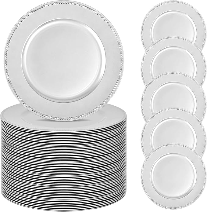 50 Silver Charger Plates Bulk, 13" Round Beaded Decorative Dinner Chargers for Wedding, Holiday, Baby Shower, Event Decoration (Silver)