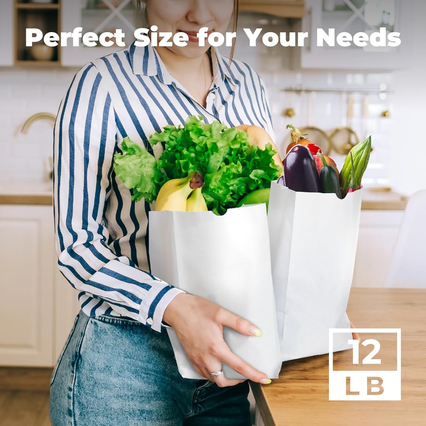 Fit Meal Prep 500 Pack 12 lb White Paper Lunch Bags, 13 x 7 x 4.5" Durable Paper Bags Bulk for Packing, Delivery, Take Out, Grocery, Retail Shopping, Premium Sack for Snacks, Bakery