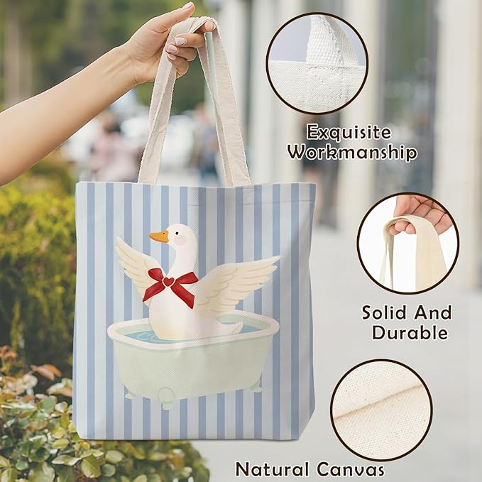 Coquette Red Bow Goose Tote Bag for Women,Funny Wash Goose Canvas Tote Bag,Gifts for Goose Lovers,Blue Striped Aesthetic Reusable Shopping Grocery Bags Party Favors