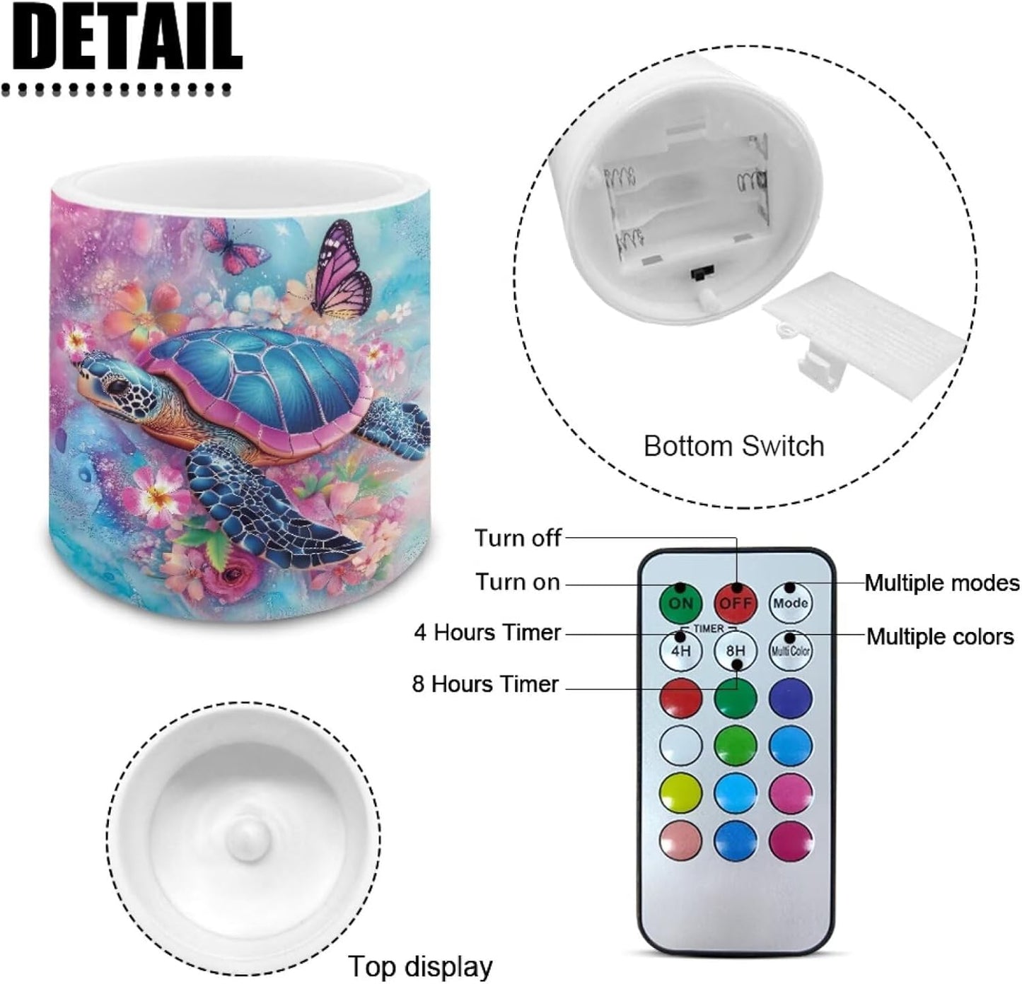 Poceacles Flameless LED Candles Set of 4 Battery Operated Candles with Remote and Timer, Realistic Flickering Tealights for Indoor Outdoor Decor, Sea Turtle Butterfly Flower Marble Violet Blue
