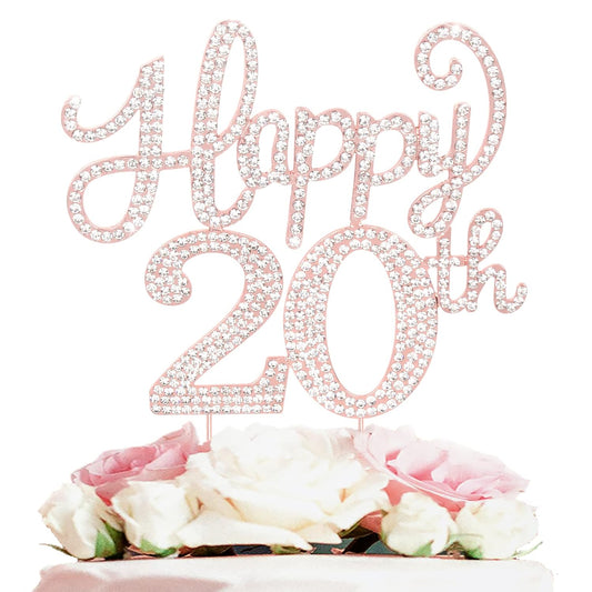 LASKYER Happy 20th Birthday Rose Gold Rhinestone Cake Topper - 20th Birthday/Anniversary,Cheers to Twenty Years Old Bday Party Metal Sparkly Centerpieces Decorations.